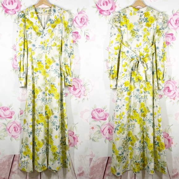 Vintage Dresses & Skirts - Vintage Handmade Floral Print Empire Cut Tie Maxi Dress XS